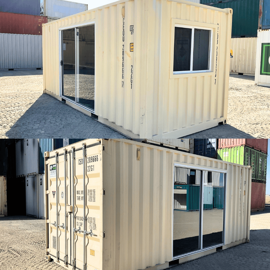 20ft shipping container modified with glass sliding door and window