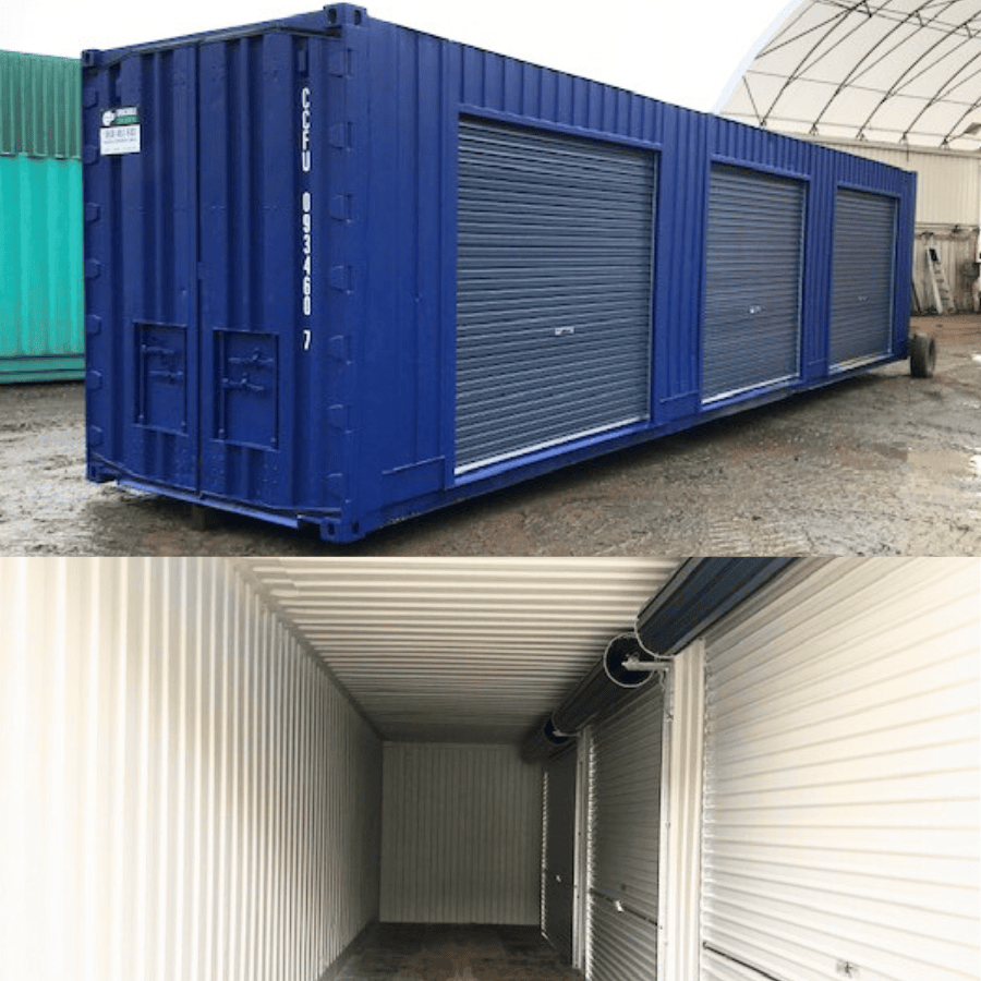 40ft shipping container modified with multiple side roller doors