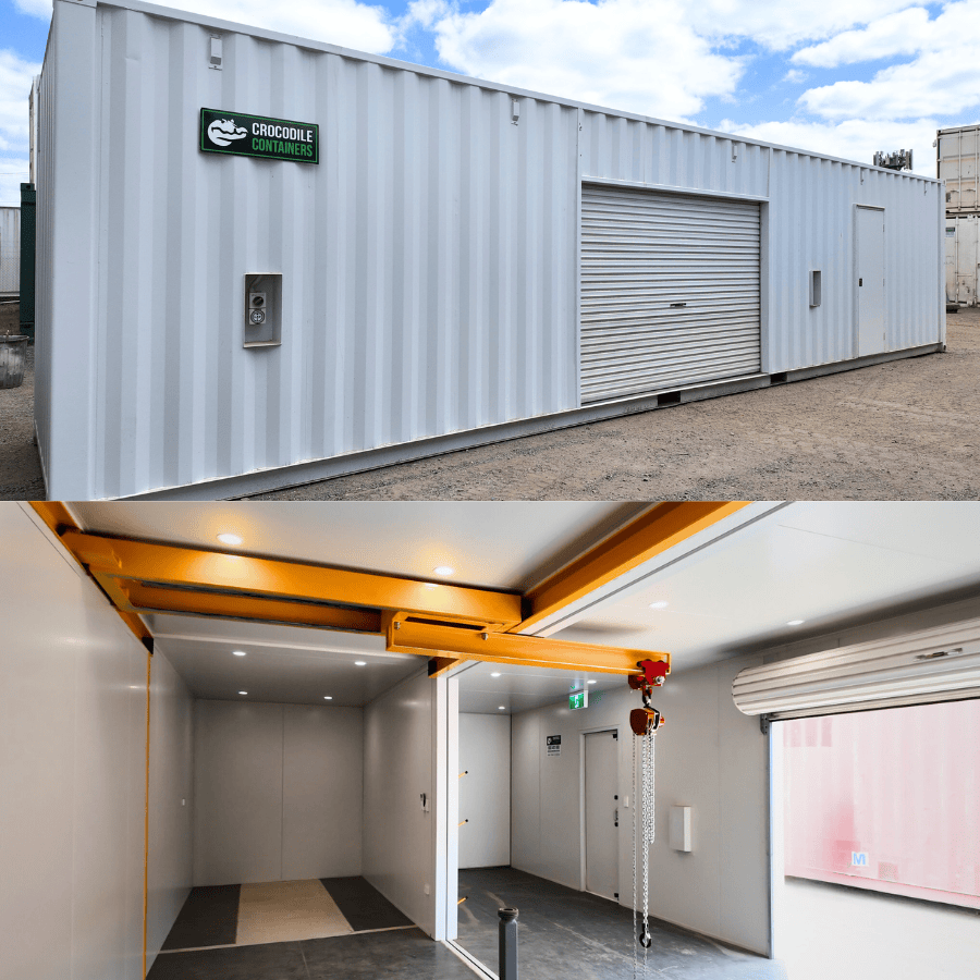 Double 40ft shipping container workshop with insulation power air conditioning and crane