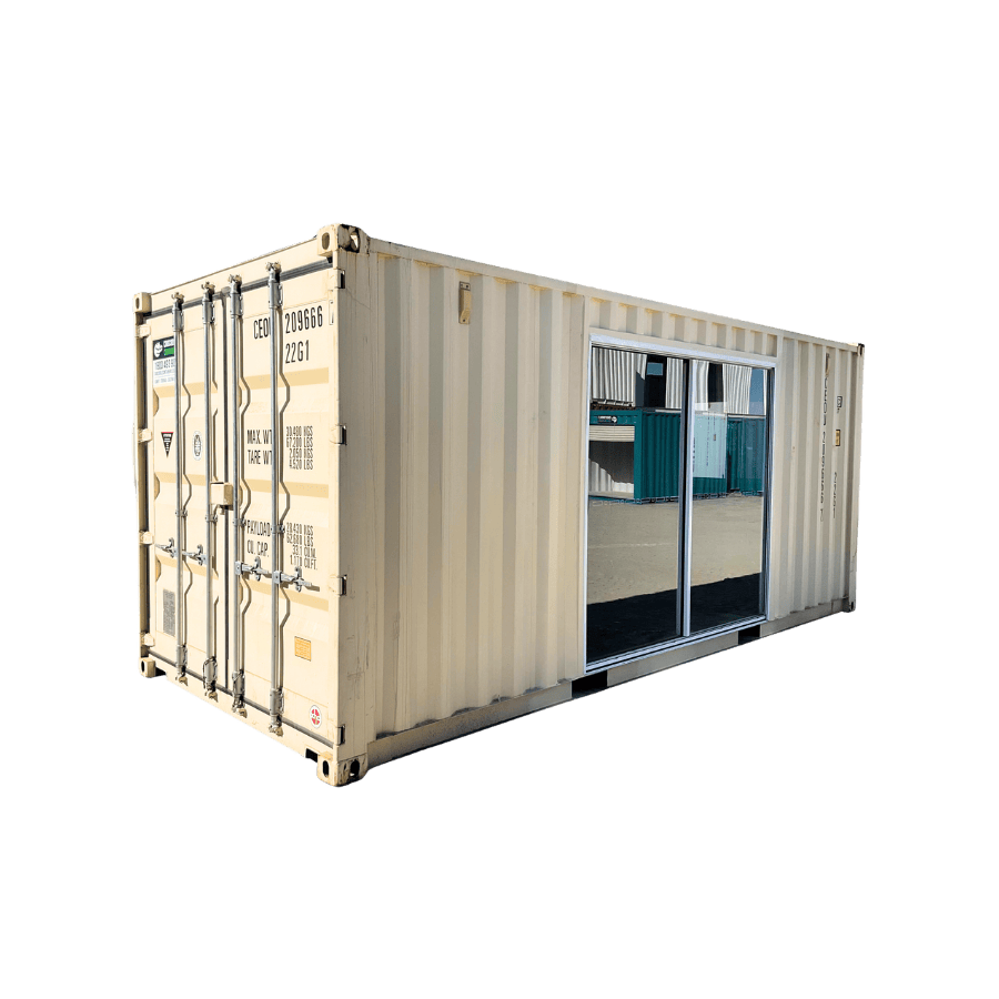 Glass sliding door installed on a custom shipping container