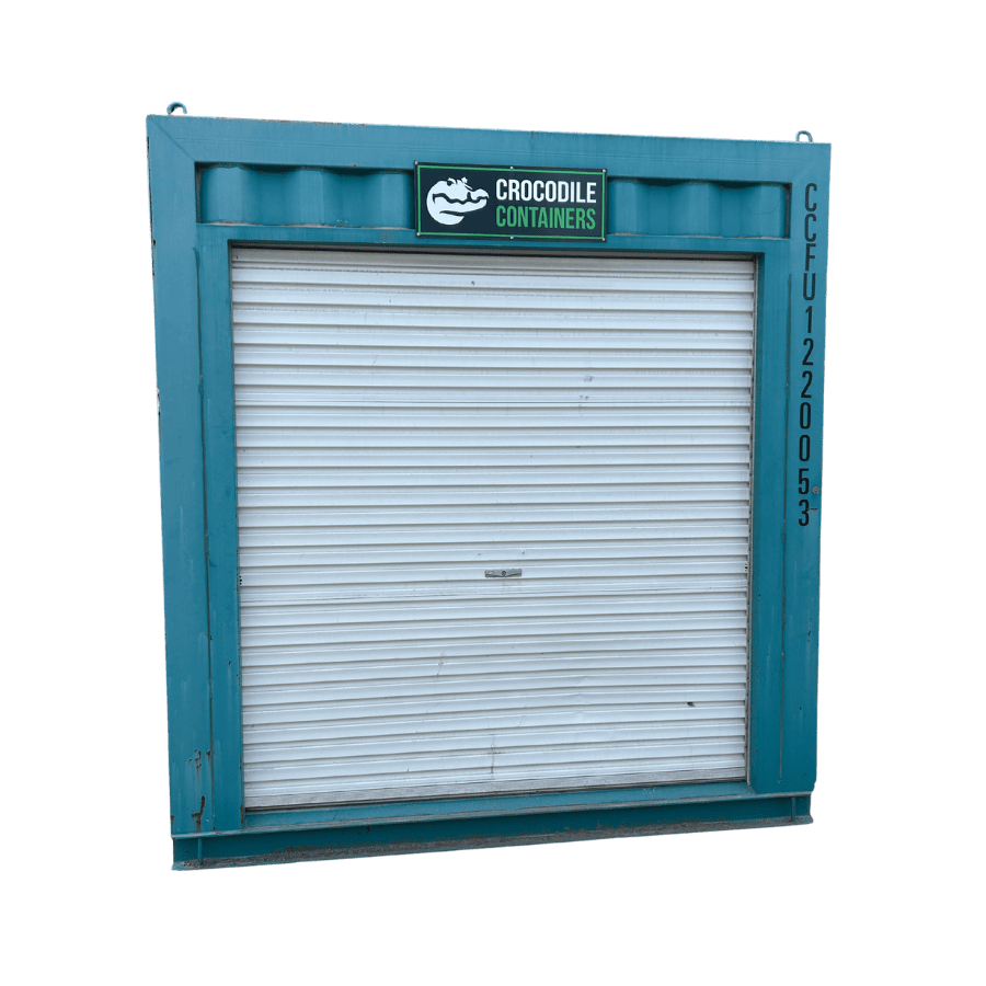 Roller door fitted to a modified shipping container